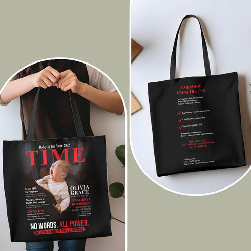 Personalized TIME Baby Magazine Tote Bag – Custom Photo, Name & Quote | Funny Gift for Mom